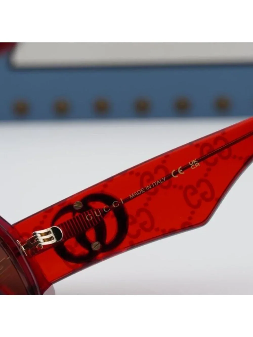 Gucci GG1421S 006 Geometric Sunglasses - Transparent Red with GG Pattern/Brown